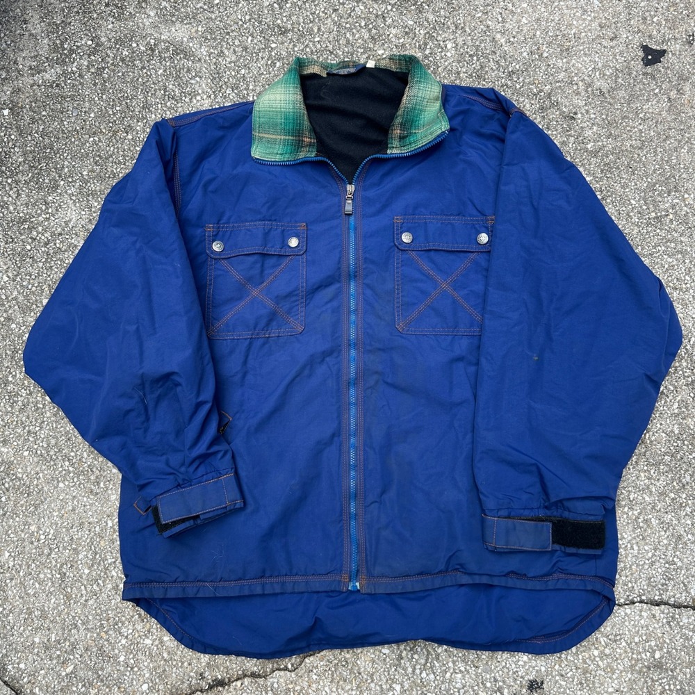Vintage 90s Billabong Mens XL Blue Nylon Fleece Lined Plaid Collar Work Jacket